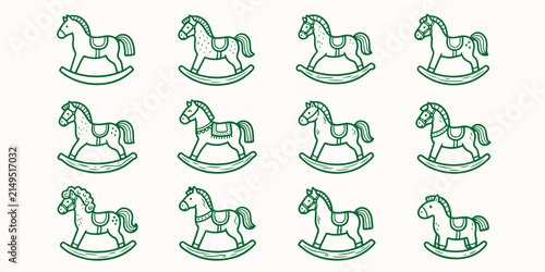 Fotografie Set of charming rocking horse toy outline illustrations with children illustrati