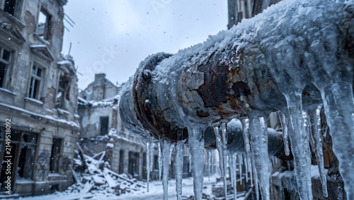Frozen pipeline covered with icicles stands amid devastated urban landscape. Destruction of critical infrastructure during harsh winter. Destruction, humanitarian crisis, energy shortages