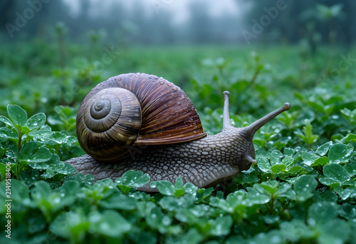 Garden snail with a spiral shell crawling on wet green leaves in a natural outdoor environment, the mollusks textured body and extended antennae are visible as it navigates the damp foliage