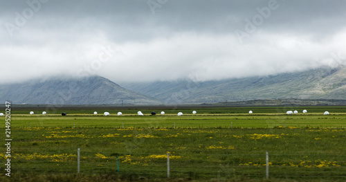 Фотография Scenic Icelandic Valley with Wrapped Hay Bales and Misty Mountains