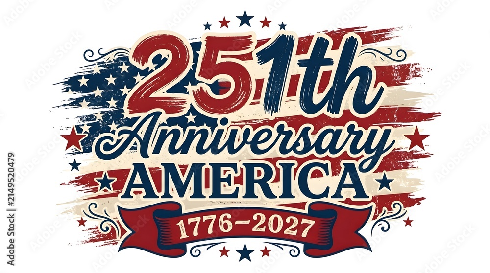 Obraz premium 251st Anniversary America Patriotic Typography Design with US Flag, Ribbon, and 1776-2027 Dates