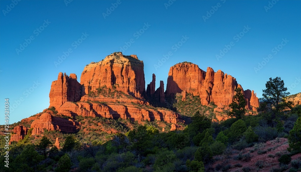 Naklejka premium Red Rock Formations Rise Above A Forested Hillside Under A Clear Blue Sky During Golden Hour Lighting