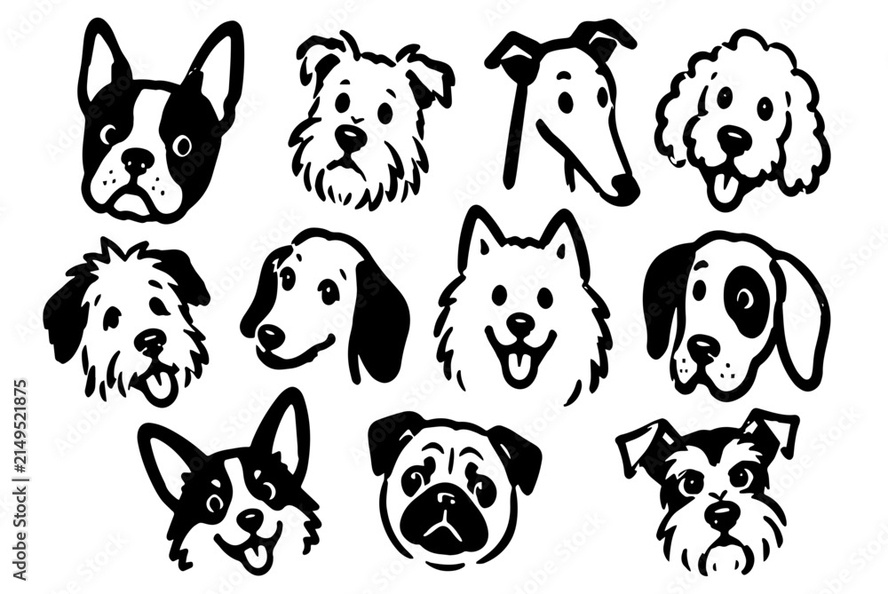 Fototapeta premium Cute Dog Faces And Puppy Heads Hand Drawn Doodle Vector Illustration Set With French Bulldog Pug And Corgi