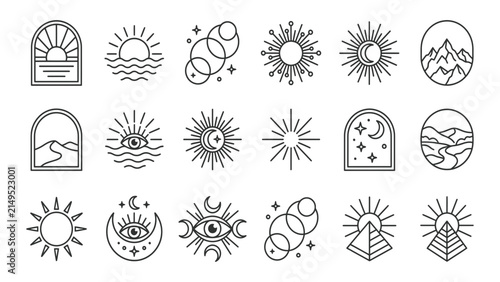 Set of mystic boho line art icons featuring sun moon stars mountain landscape and eye symbols for modern aesthetic graphic design projects Vector