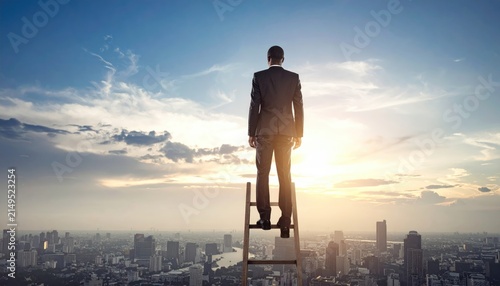Businessman Climbing Ladder Success Blue Sky