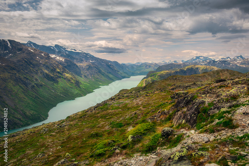 Landscape view of wild mountains and a lake, Besseggen ridge, Jotunheimen, Norway