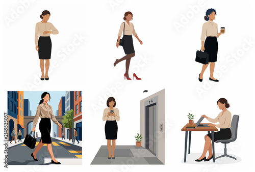 Set of flat vector illustrations depicting a professional businesswoman's daily routine, including commuting, working at a desk, waiting for an elevator, and checking the time.