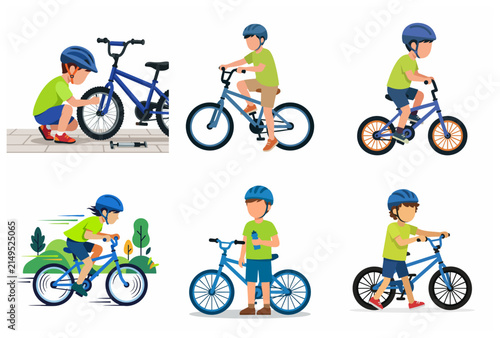 Set of flat vector illustrations featuring a young boy with his bicycle, including riding, repairing, and standing with safety gear