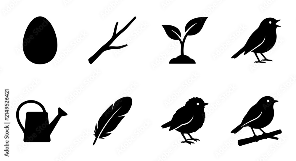 Fototapeta premium Spring Bird Icons, Egg, Sprout, Feather, Watering Can, Branch, Nature Symbols