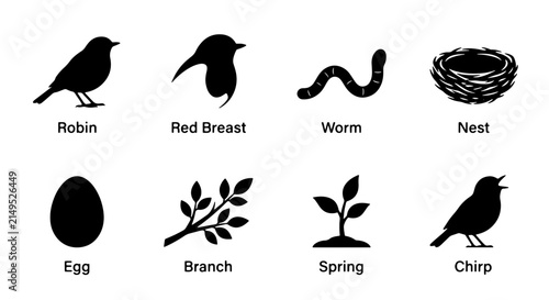 Foto Bird Icons Set: Robin, Red Breast, Worm, Nest, Egg, Branch, Spring, Chirp Silhou