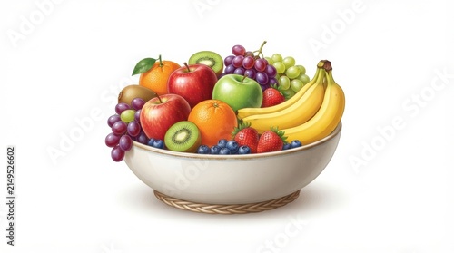Fruit bowl with various fruits including apples, bananas, grapes, strawberries, kiwifruit, oranges, and blueberries on a white background