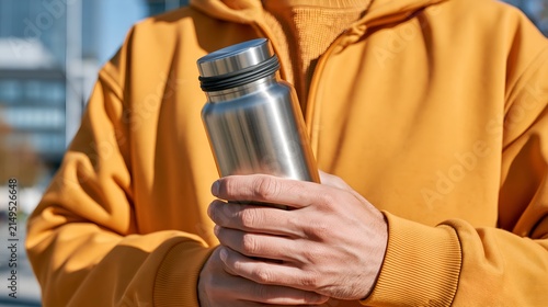 Person holds metallic water bottle in hands.