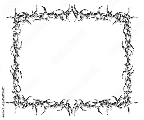 neo tribal frame. chrome abstract border symmetrical gothic spiked ornament and cyber tattoo style isolated on transparent background