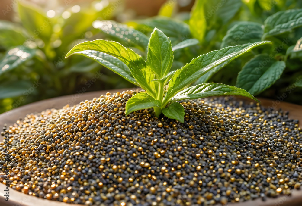Obraz premium Young green plant growing from a pile of dark and golden seeds, agriculture and new life