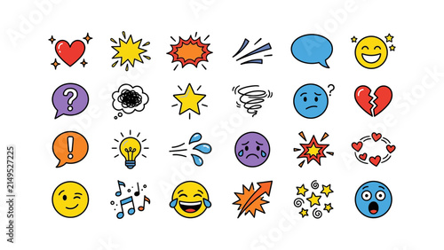 Set of colorful hand drawn comic style doodle icons featuring various emojis speech bubbles hearts stars lightbulb music notes and explosion shapes for creative graphic design and social media Vector