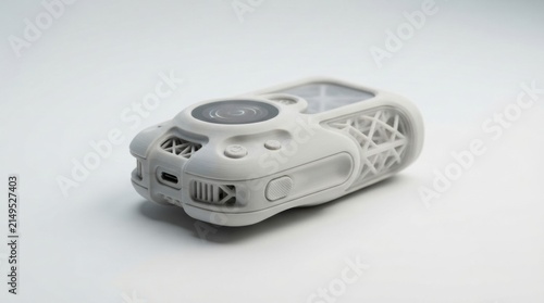 Modern device design showcasing a white console-like object with a unique structure and integrates a screen on a plain surface