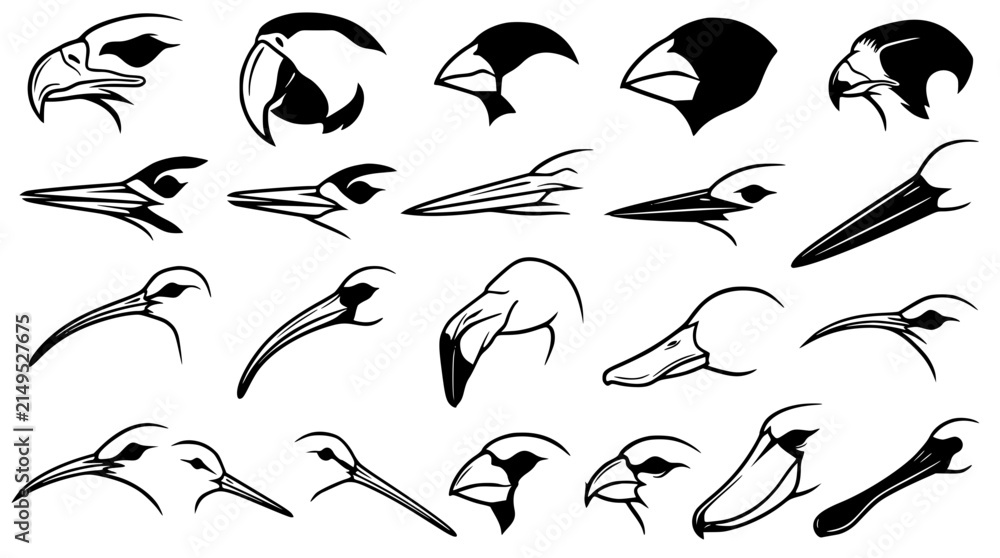 Obraz premium Bird Beak and Head Silhouette Icon Set Featuring Profile Shapes of Eagle Toucan Flamingo Duck Woodpecker Finch Pelican and Exotic Avian Wildlife Symbols