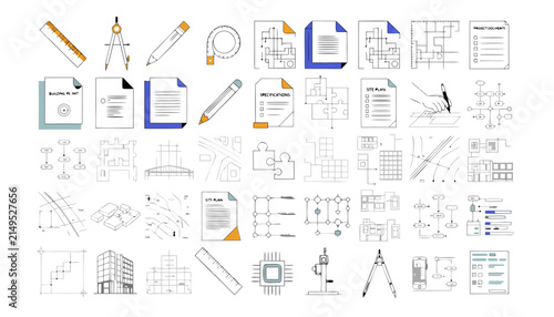 Comprehensive Collection of Architectural Drafting Tools and Engineering Design Schematics Icons Set