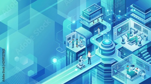 Technology and healthcare merge in a blue-themed digital landscape showing artificial intelligence and robotics in action