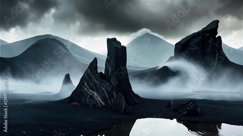 Dark atmospheric mountain landscape with jagged black rocks rising from thick white fog under stormy sky