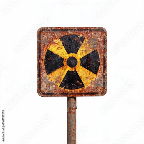Heavily rusted radioactive warning sign on a weathered pole, isolated on white. Symbolizes danger, decay, nuclear hazard, and environmental risk.