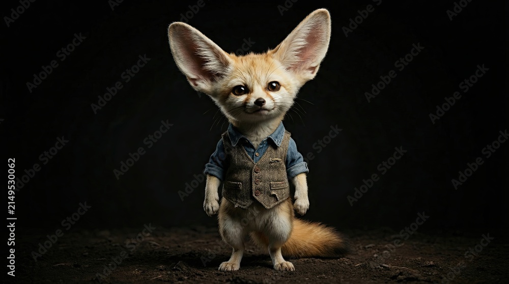 Naklejka premium Dapper Desert Dweller: A whimsical fennec fox, adorned in a tiny waistcoat and shirt, stands with its signature oversized ears, exuding an air of sophisticated charm against a dark.