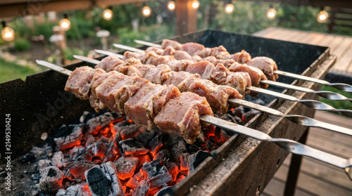 Pork shashlik on skewers is grilled over hot coals.