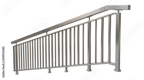 Modern stainless steel railing, brushed metal staircase handrail, industrial silver balustrade isolated on white background