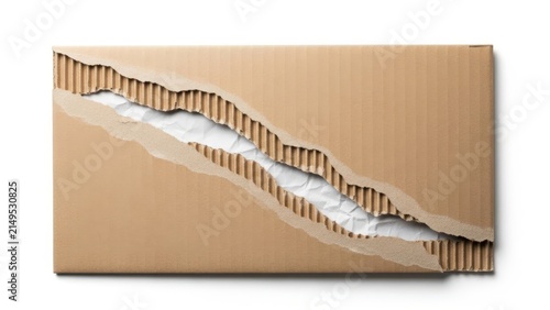 Broken metal zipper on cardboard packaging with torn edge