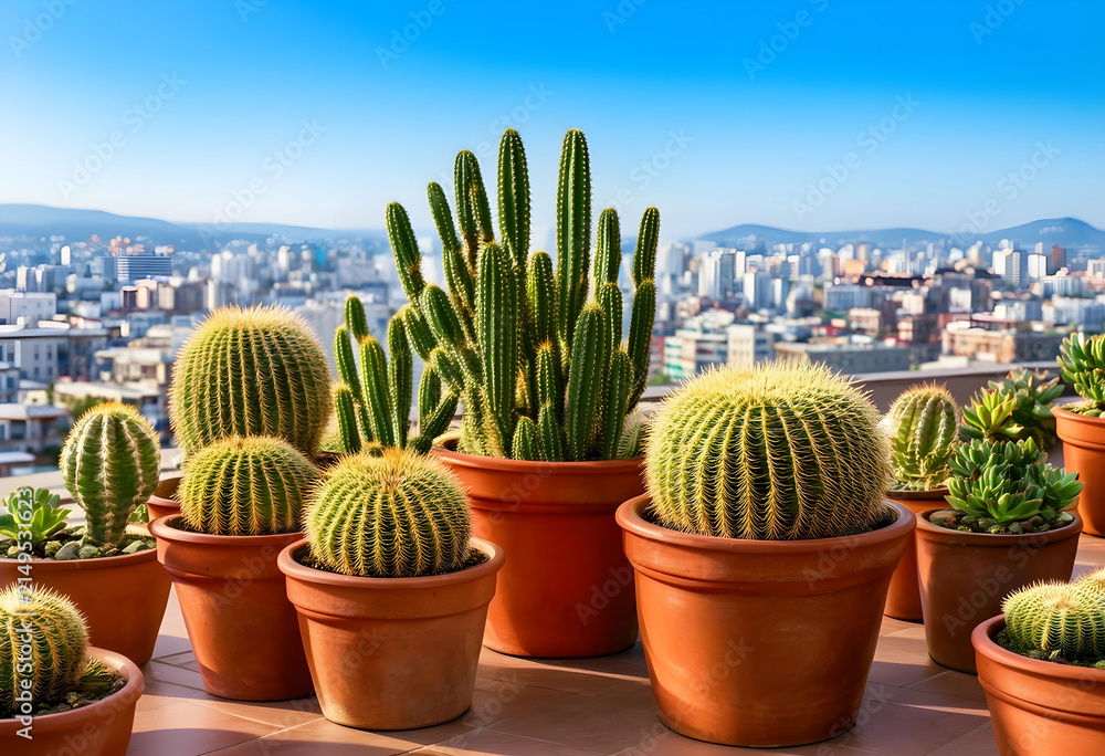 Obraz premium Various potted cacti and succulents on a rooftop terrace overlooking a city skyline under a clear blue sky, the plants vary in shape and size, including tall columnar cacti and spherical golden
