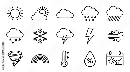 Cuadro en lienzo Weather Forecast Line Icon Set Featuring Sun Clouds Rain Snow Lightning Wind The