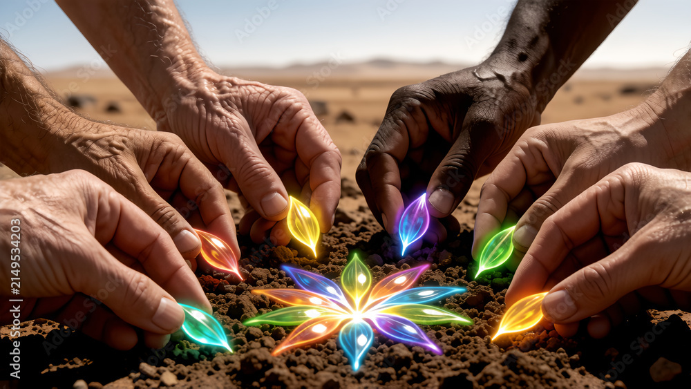 Obraz premium Diverse hands working together to plant glowing colorful crystal seeds into dry desert soil.