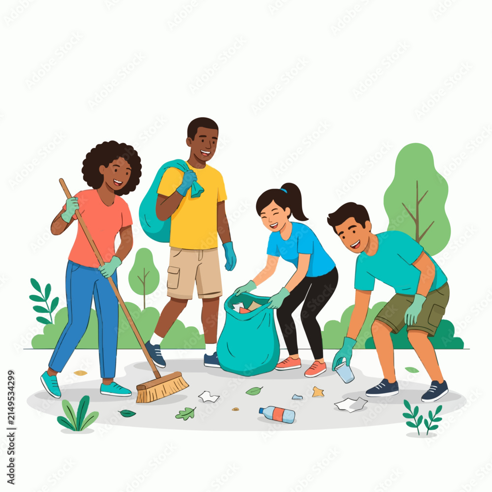Fototapeta premium Diverse volunteers cleaning up litter in a public park for environmental protection