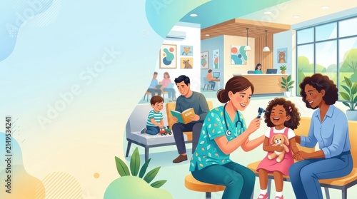 Busy indoor clinic with children and caregivers interacting while waiting for consultations
