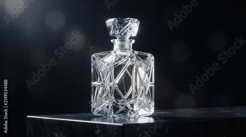 Elegant crystal bottle on display with reflections in a dark space during an art show