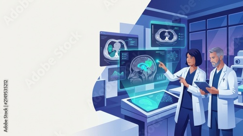 Scientists analyze medical data in a laboratory setting using advanced technology and digital screens