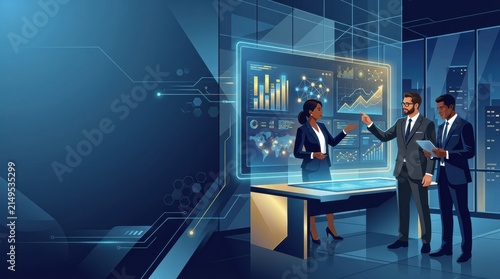 Business meeting in a modern office with digital displays and professionals discussing data