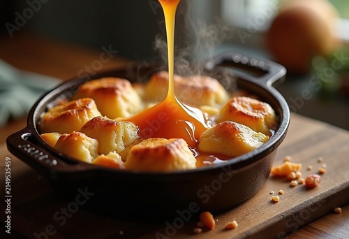 Cozy Baked Bread Pudding Caramel Drizzle Cast Iron Embrace Warm Thrills Comfort Deliciousness