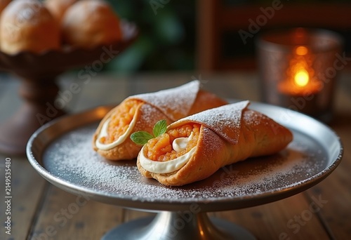Crisp Cannoli Shell Upscale Sweet Ricotta Treat Classy Silver Cake Stand Delicate Details Gourmet