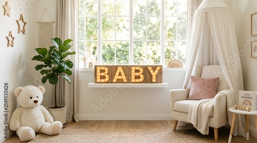 Cozy nursery room interior with a bright baby sign light teddy bear and comfortable armchair near the window