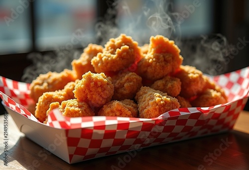 Golden Coated Fried Chicken Burst Checkered Paper Tray Exquisite Crunch Juicy Savory Treat