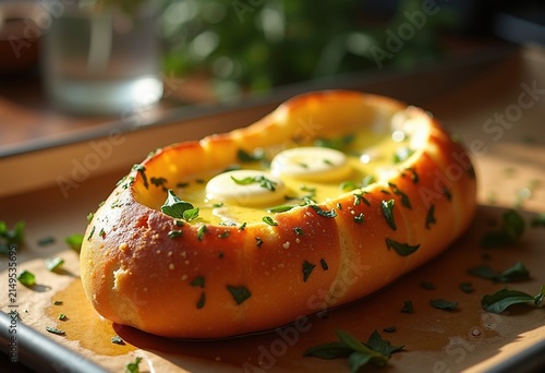Golden Garlic Bun Freshly Adorned with Melted Herb Butter on Artisan Baking Sheet