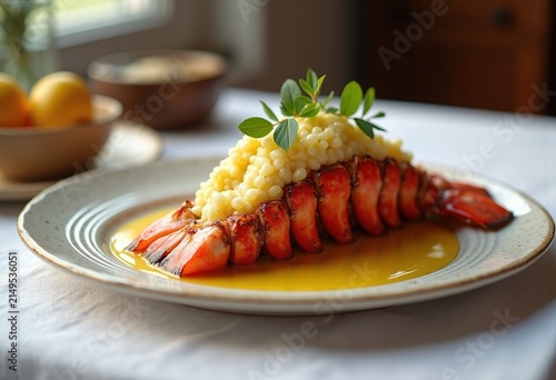 Luxurious Lobster Tail Entwined in Silky Butter on an Immaculate Linen Canvas