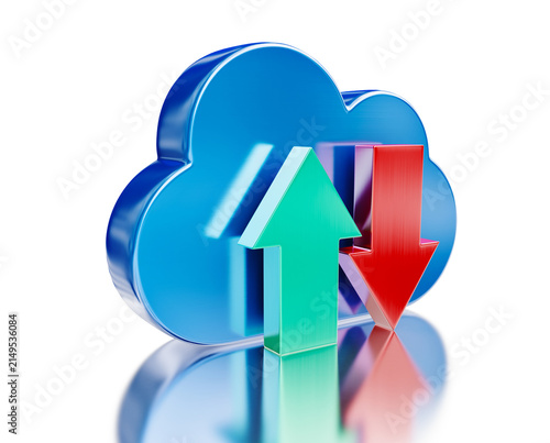 Remote database cloud computing technology storage upload download concept - metal glossy cloud icon alongside download and upload arrows with reflection on white