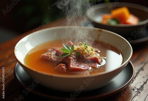 Steaming Wagyu Bone Broth in Artisanal Porcelain Vessel Evoking Cozy Ambiance