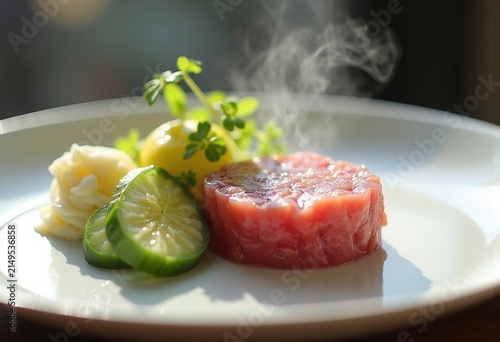 Tuna Tartare Avocado Cucumber Elegantly Aligned on Merely White Dish
