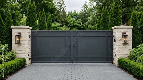 A closed modern dark metal driveway gate between two stone pillars with lanterns in a lush green garden setting