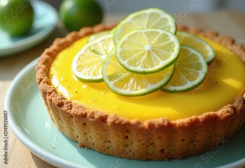 Vibrant Key Lime Pie Gleaming on Pastel Dessert Plate with Golden Crust and Lush Lime Garnish