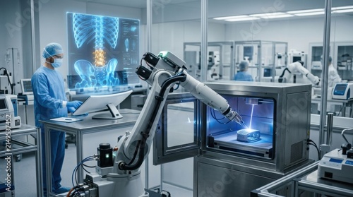 Medical facility showing advanced robotic technology for surgical procedures with a healthcare worker monitoring activity