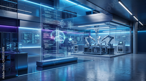 Futuristic Robotic Manufacturing Laboratory with Digital Data Displays